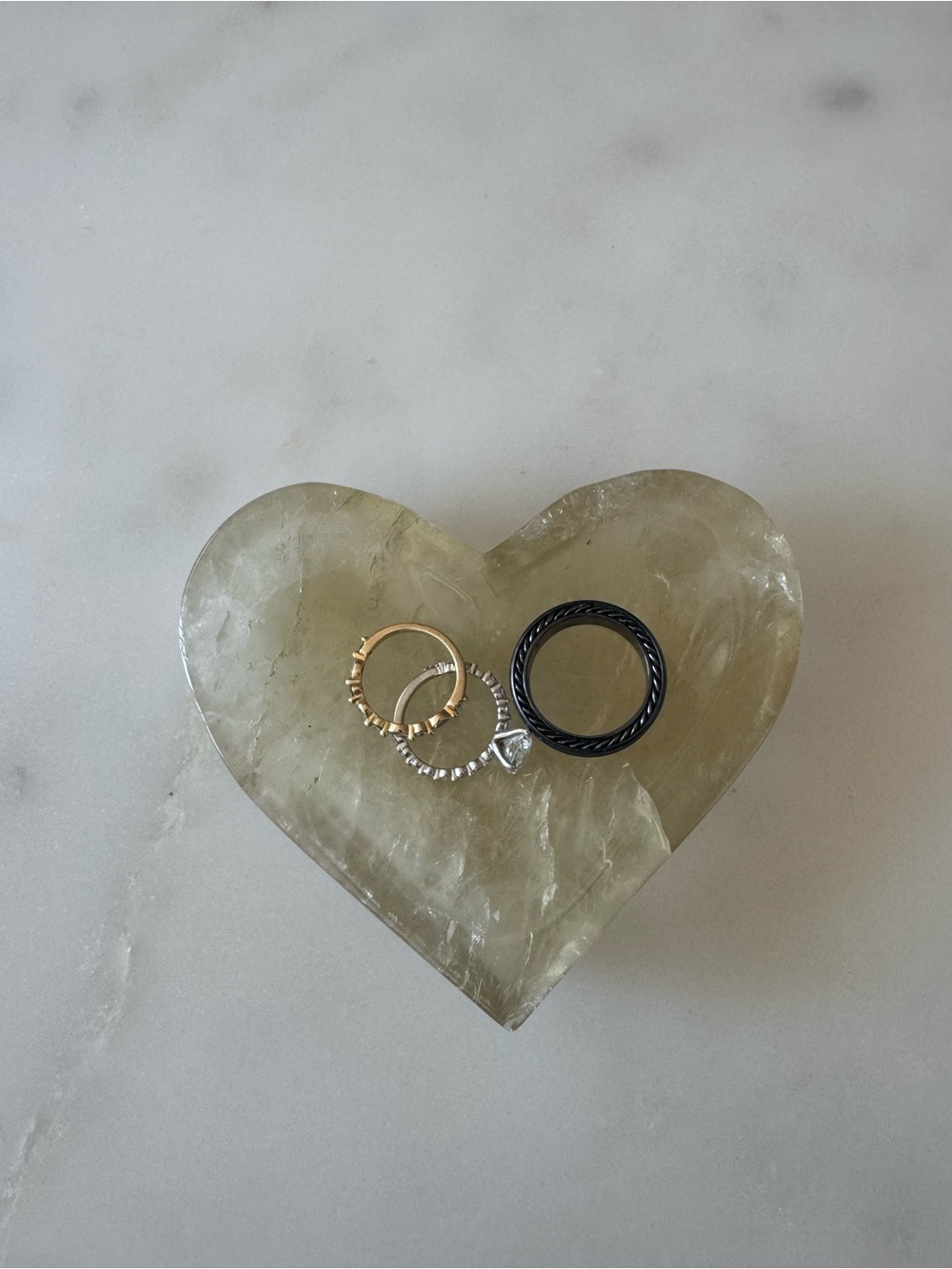 Handcarved Quartz Crystal Heart Ring Dish with Inclusions